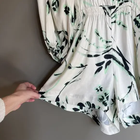 NWT Tanya Taylor‎ Stevie Romper Size Small Floral Linen Square Neck Puff Sleeve